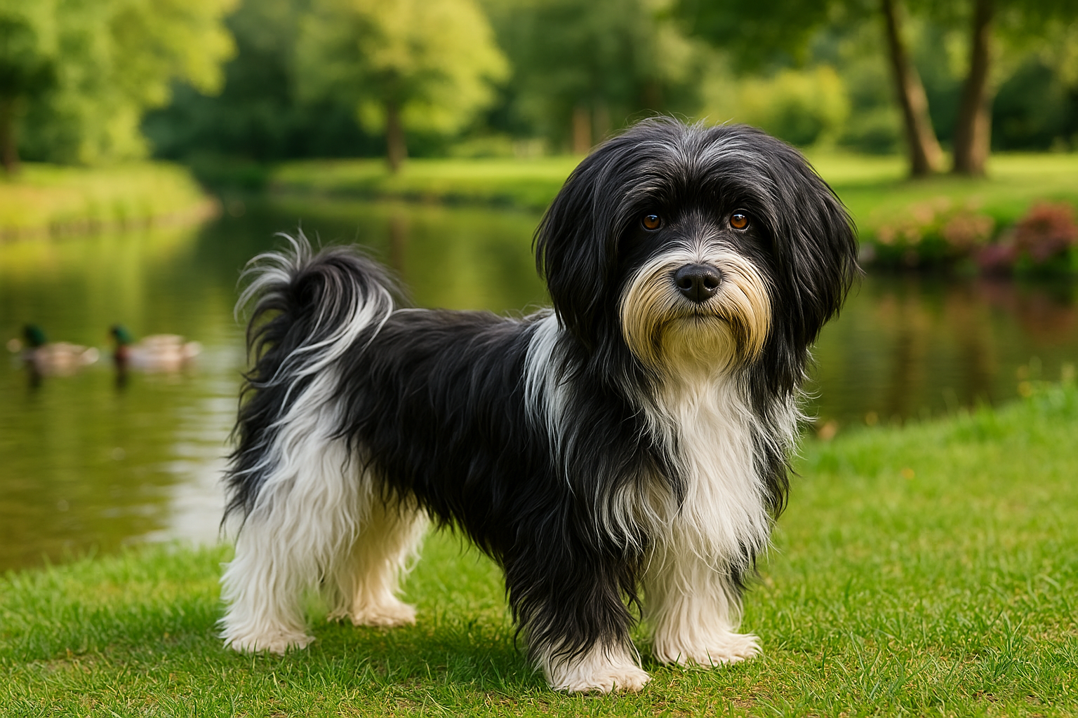 Kyi Leo in fotorealistischer KI-Darstellung in einem Stadtpark vor einem Teich mit Enten.