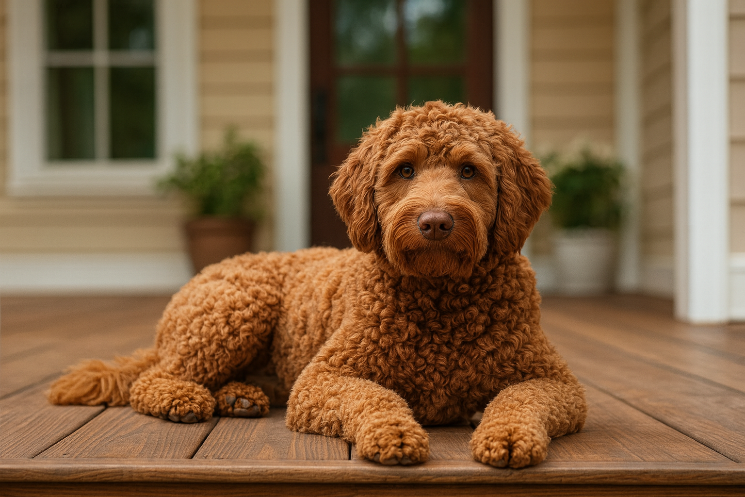 Labradoodle in fotorealistischer KI-Darstellung auf einer Holzveranda bei gutem Wetter, freundlich in die Kamera blickend.