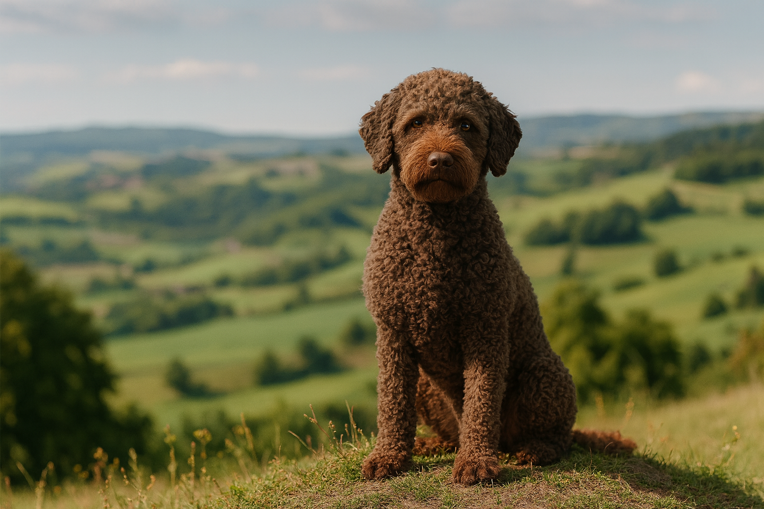 Lagotto Romagnolo in fotorealistischer KI-Darstellung, sitzend auf einer Anhöhe. Im Hintergrund sieht man eine schöne italienisches Hügellandschaft.