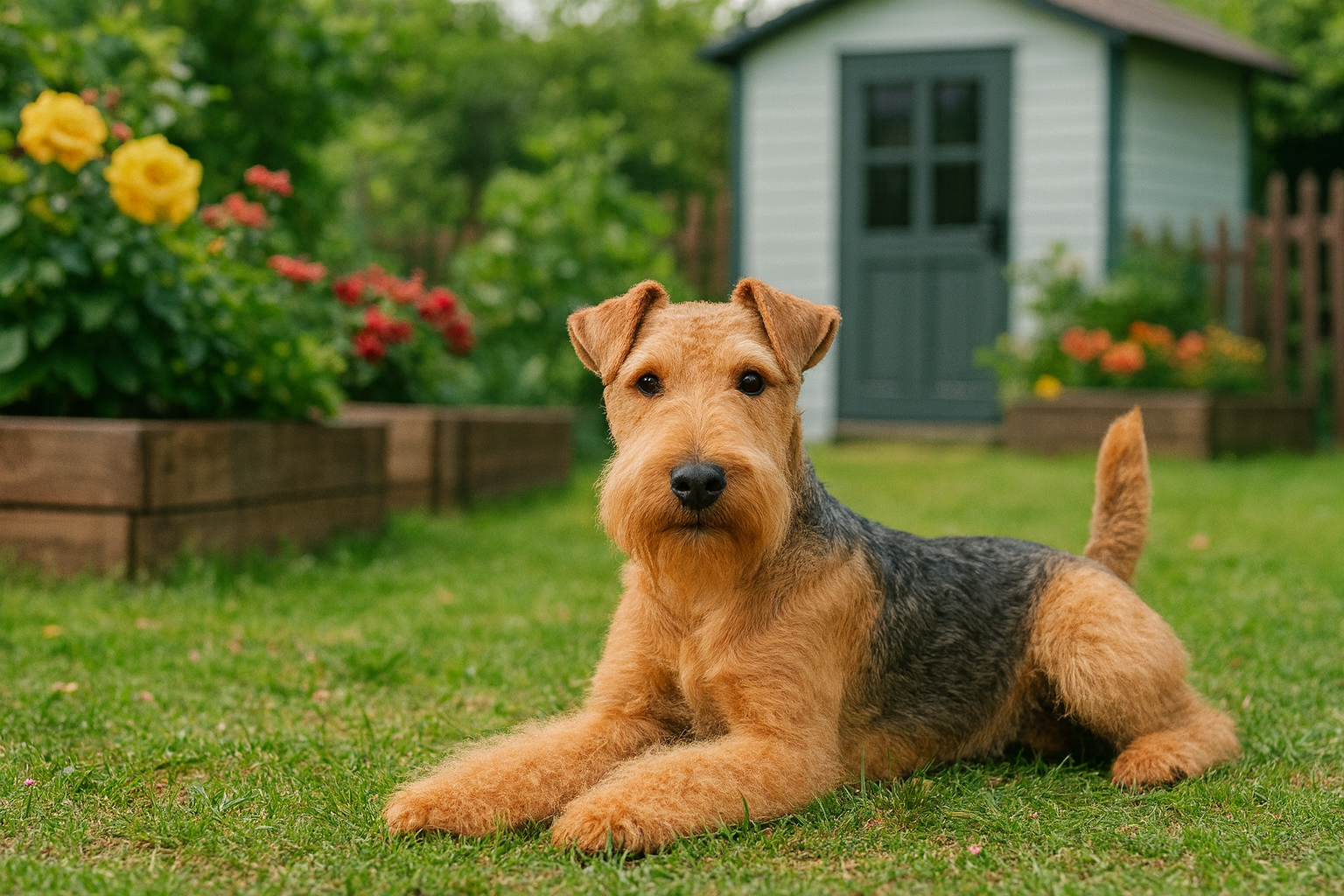 Lakeland Terrier in fotorealistischer KI-Darstellung, liegend in einem Schrebergarten mit Blumen und Gartenhaus