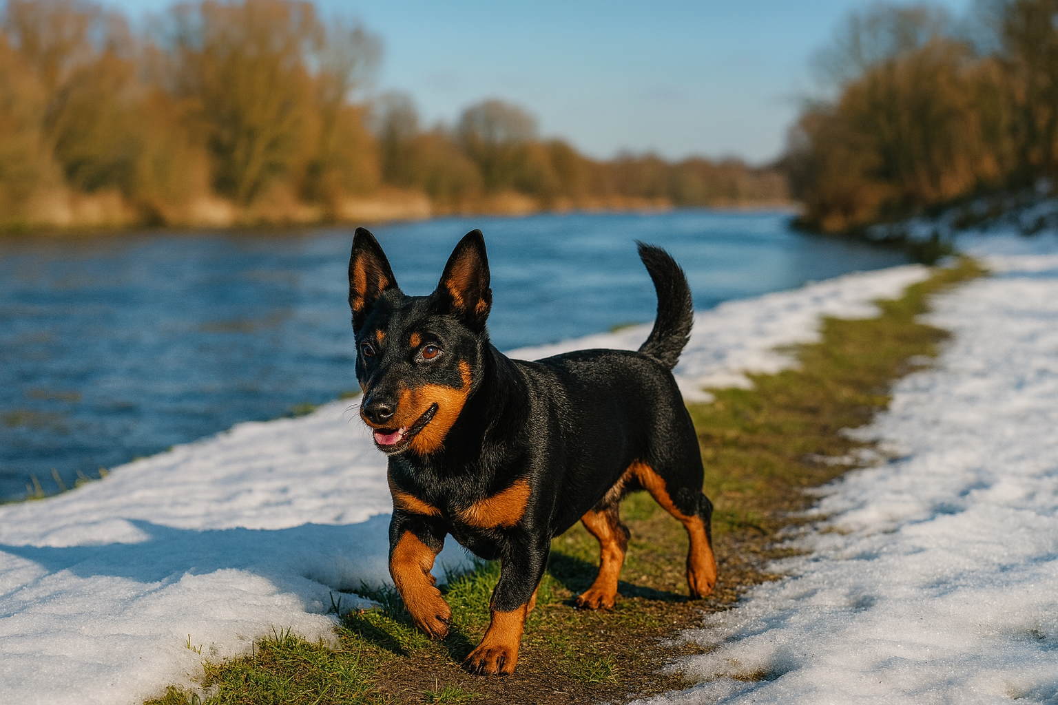 Lancashire Heeler in fotorealistischer KI-Darstellung, laufend neben einer schneebedeckten Fläche an einem Fluss bei Sonnenschein