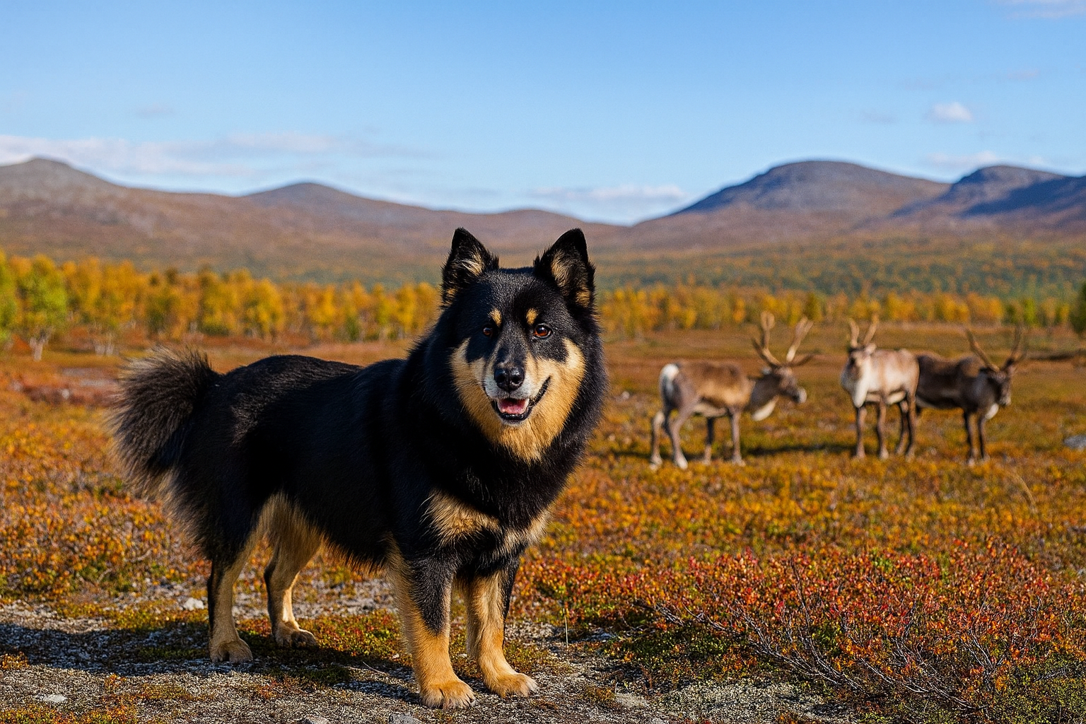 Lappländer Rentierhund in fotorealistischer KI-Darstellung, stehend in herbstlicher Lapplandlandschaft mit Rentieren im Hintergrund bei sonnigem Wetter