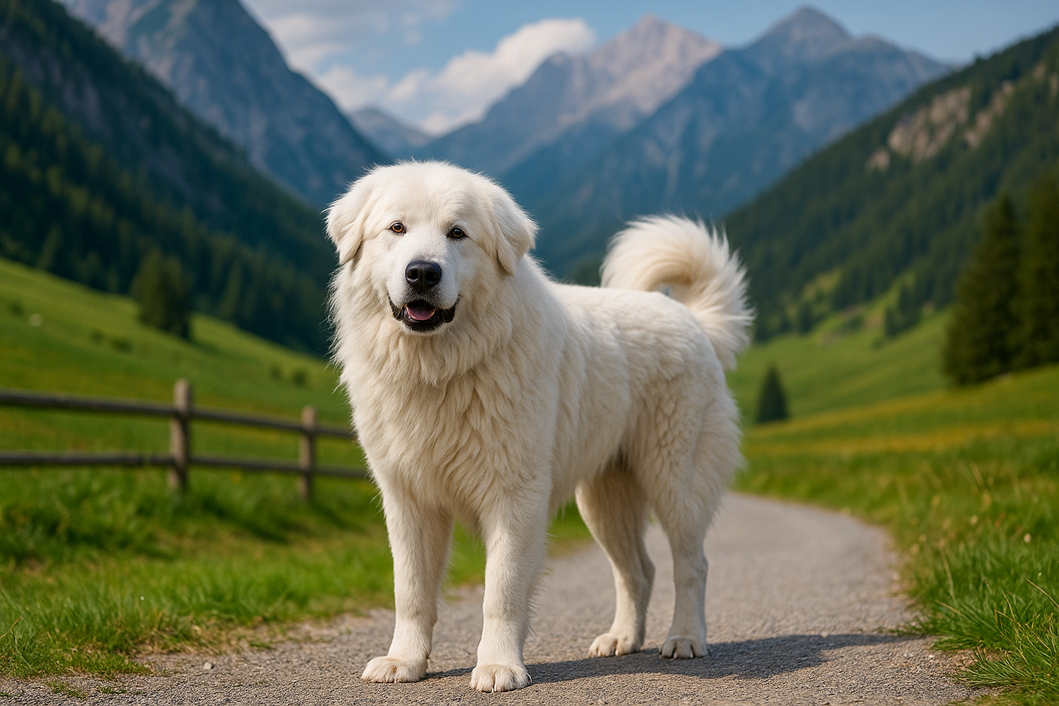 Fotorealistisches KI-Bild eines Maremmaner Hirtenhunds, der auf einem Weg in einer sonnigen Berglandschaft steht und in die Kamera schaut. Im Hintergrund sieht man einen Holzzaun und eine weite grüne Wiese. 