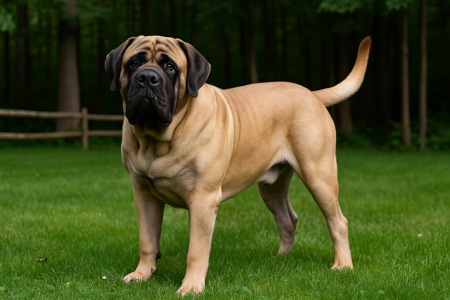 Fotorealistisches KI-Bild eines Mastiffs, der in einem Garten am Waldrand steht und in die Kamera schaut. Der Hund trägt kein Halsband. 