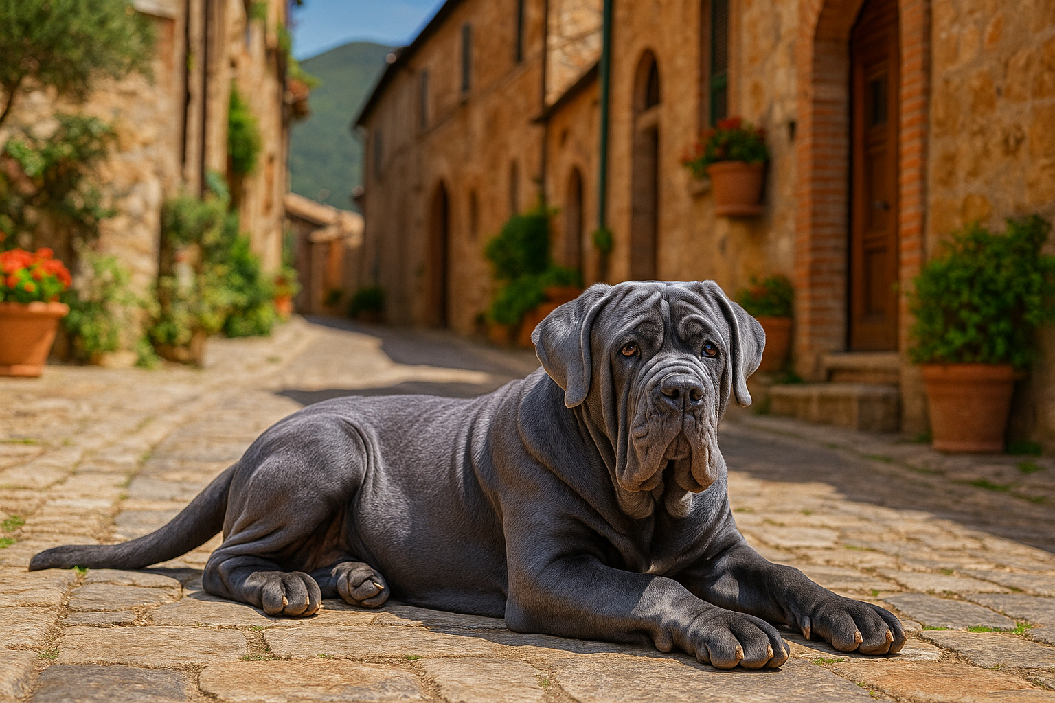 Fotorealistisches KI-Bild eines Mastino Napoletano, der auf einer Kopfsteinpflasterstraße in einem typischen italienischen Dorf liegt und in die Kamera schaut. 