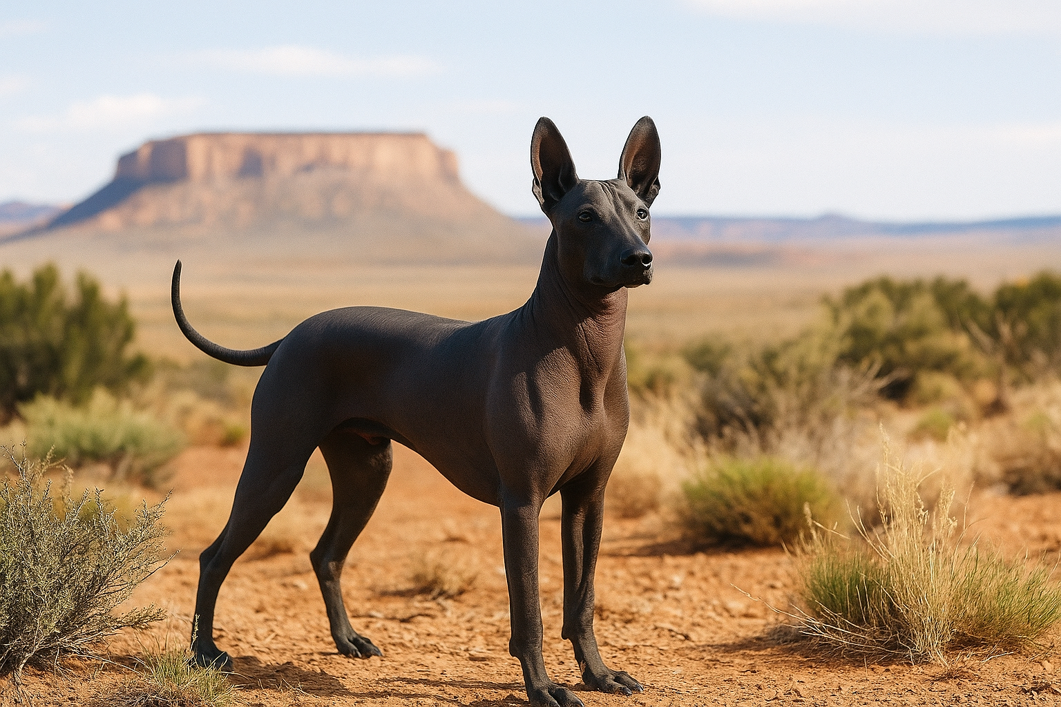 Fotorealistisches KI-Bild eines Mexikanischen Nackthunds (Xoloitzcuintle), der in einer typischen Landschaft New Mexicos steht und in die Ferne schaut. 