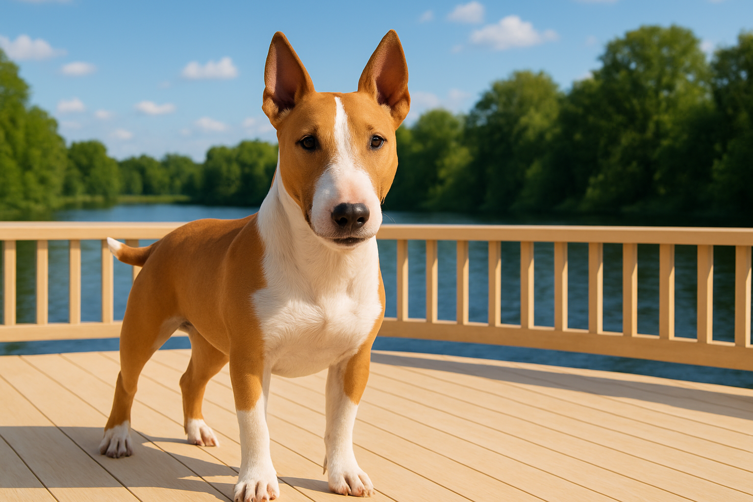 Miniatur Bullterrier auf einer hellen Veranda mit hohem Geländer und Fluss im Hintergrund bei sonnigem Wetter – fotorealistisches KI-generiertes Bild. 