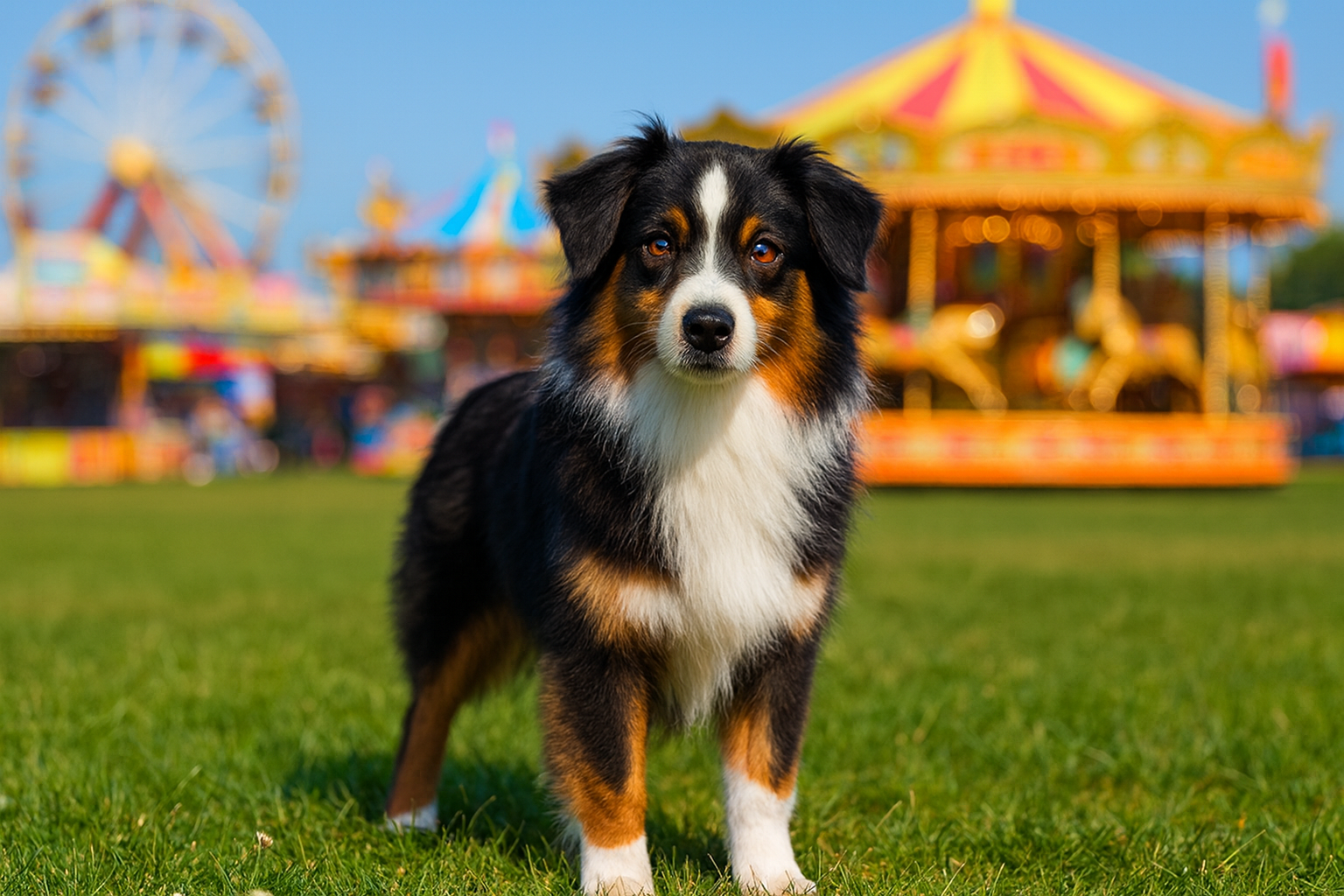 Miniature American Shepherd auf einer Wiese mit sonnigem Jahrmarkt im Hintergrund – fotorealistisches KI-generiertes Bild. 
