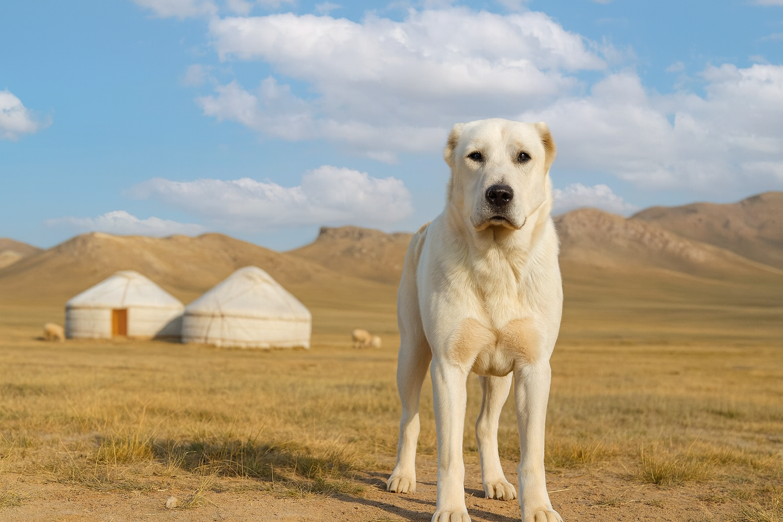 Fotorealistisches KI-Bild eines Mittelasiatischen Schäferhundes (Alabai), der auf einer zentralasiatischen Steppe steht. Im Hintergrund sieht man zwei traditionelle Jurten und eine kleine Schafherde unter blauem Himmel. 