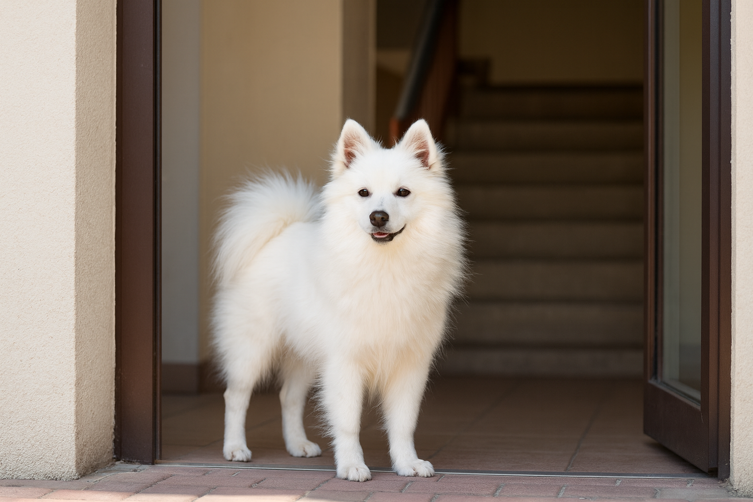 KI-Bild eines weißen Mittelspitzes am Eingang eines Mehrfamilienhauses. Im Hintergrund ist das Treppenhaus zu sehen, der Hund schaut freundlich in die Kamera. 