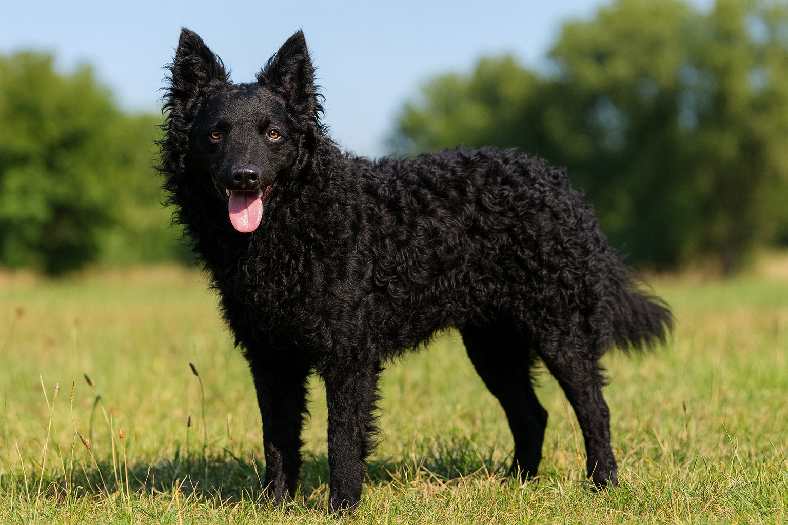Fotorealistisches KI-Bild eines schwarzen Mudi-Hundes mit lockigem Fell in einer sonnigen Wiesenlandschaft. Im Hintergrund sind grüne Bäume zu sehen, der Hund blickt direkt in die Kamera. 