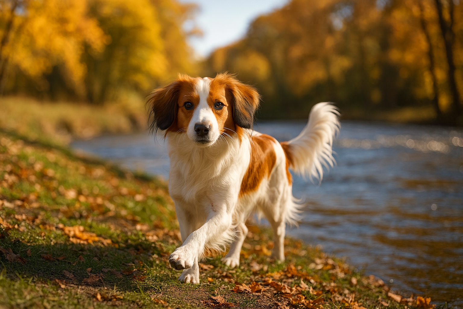 Fotorealistisches KI-generiertes Bild eines Nederlandse Kooikerhondje, der an einem sonnigen Herbsttag am Ufer eines Flusses entlangläuft.