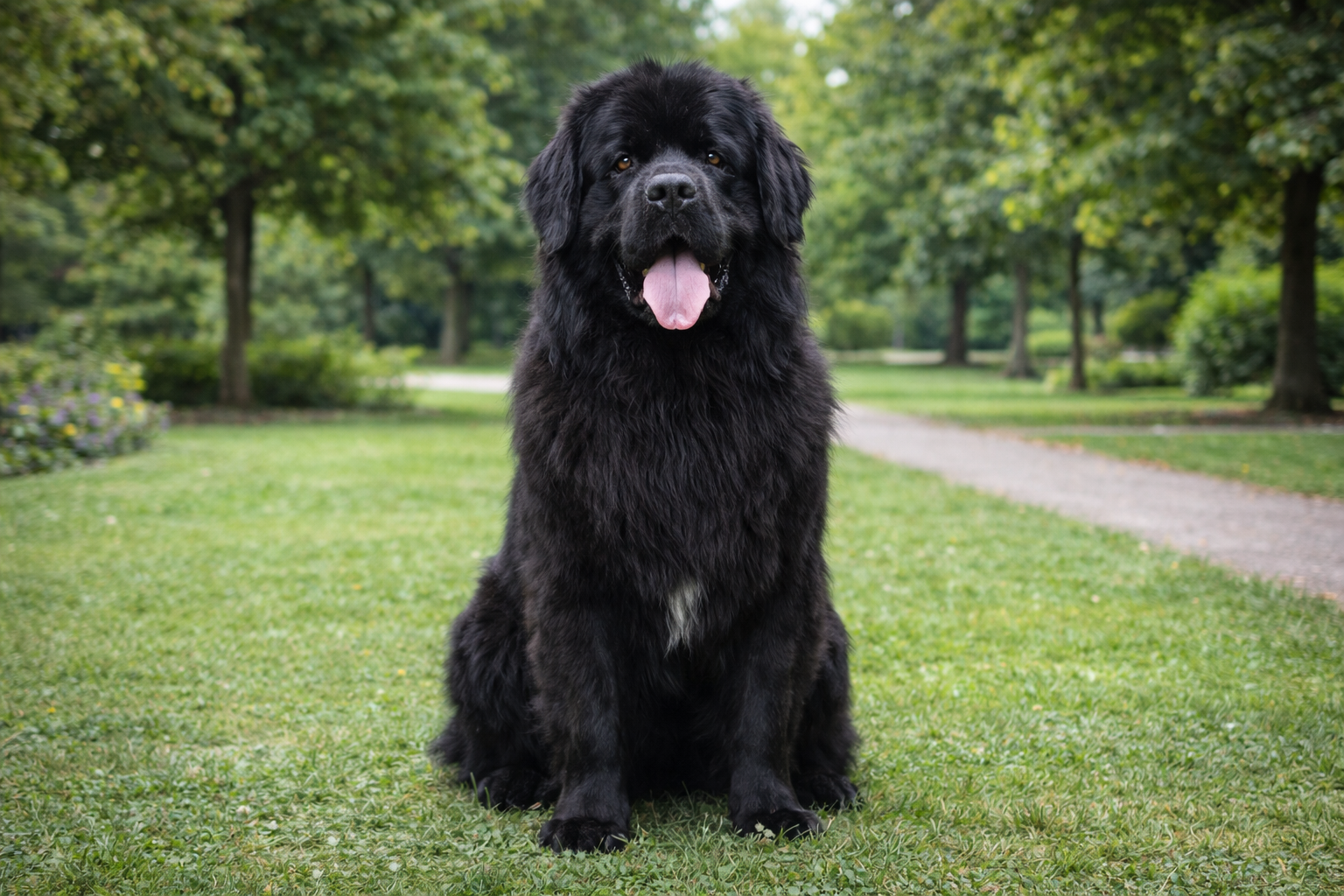 Fotorealistisches KI-Bild eines Neufundländers ohne Leine, aufrecht und frontal zur Kamera sitzend in einem grünen Park im Querformat.