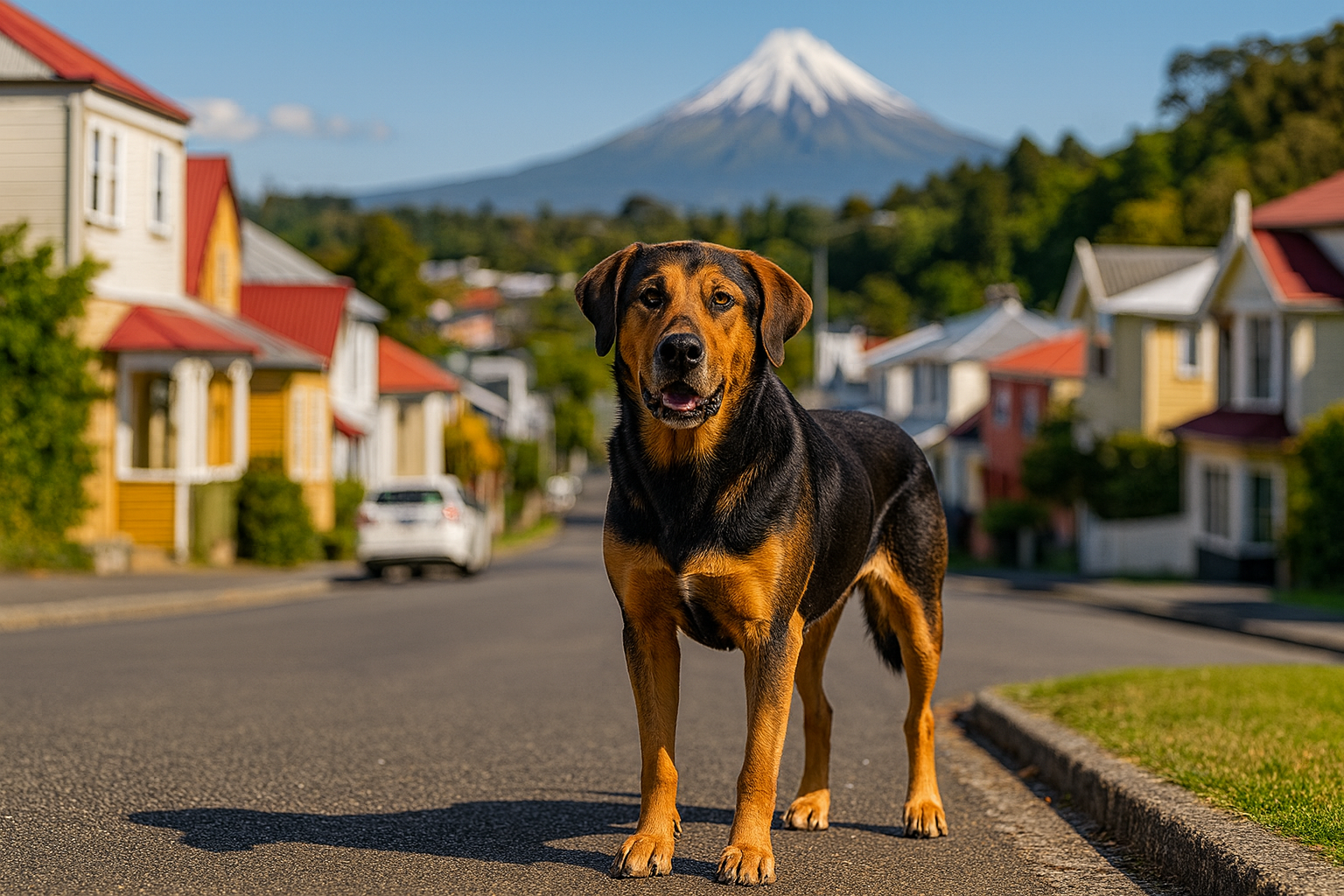 Fotorealistisches KI-generiertes Bild eines Neuseeländischen Huntaway, der bei sonnigem Wetter am Stadtrand in einer typischen neuseeländischen Stadt steht, mit Blick auf eine landschaftlich schöne Kulisse und einen Vulkan im Hintergrund.