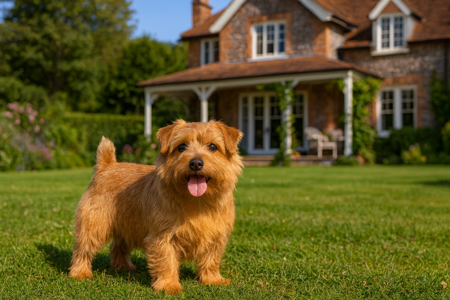 Fotorealistisches KI-generiertes Bild eines Norfolk-Terriers, der in einem sonnigen englischen Garten vor einem britischen Landhaus mit Veranda steht.