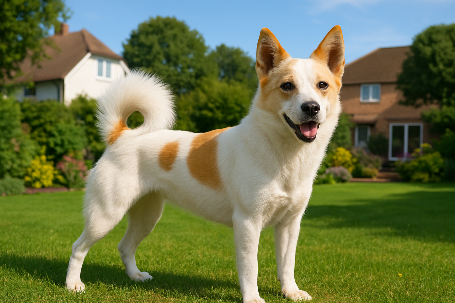 Fotorealistisches KI-Bild eines Norrbottenspitz im sonnigen Garten mit Häusern im Hintergrund, Querformat. 