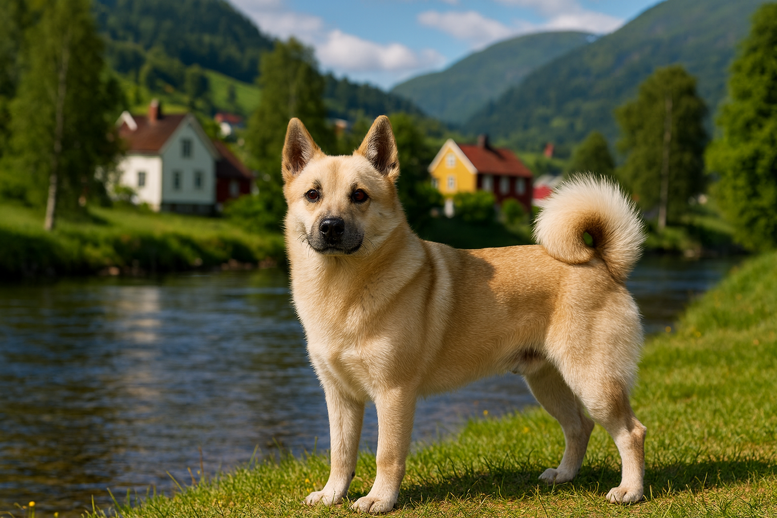 Fotorealistisches KI-Bild eines Norwegischen Buhund an einem sonnigen Fluss mit norwegischem Dorf und Bergen im Hintergrund
