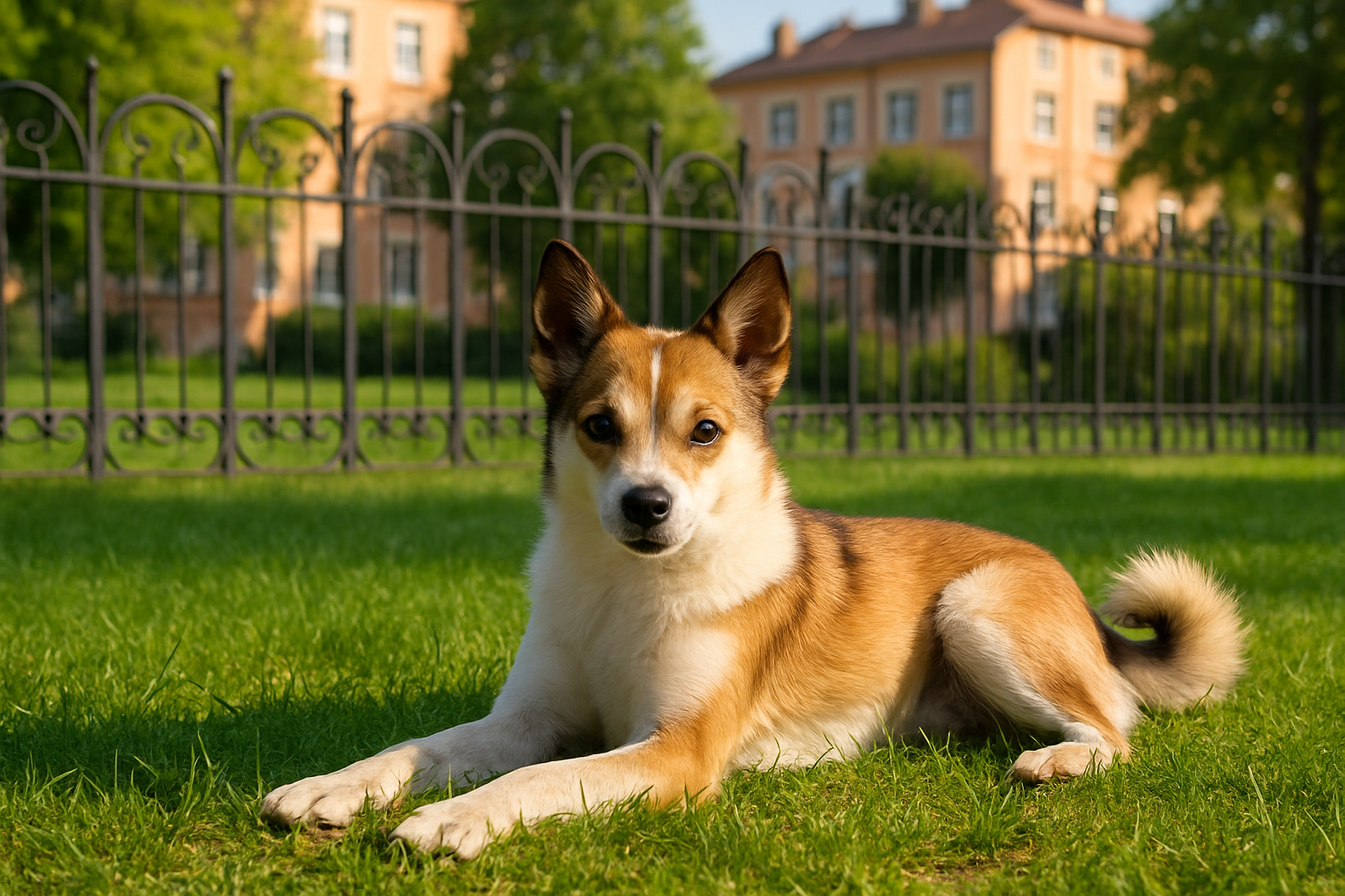  Fotorealistisches KI-Bild eines Norwegischen Lundehunds auf einer sonnigen Parkwiese mit schwarzem Zierzaun und Wohnhäusern im Hintergrund, Querformat. 