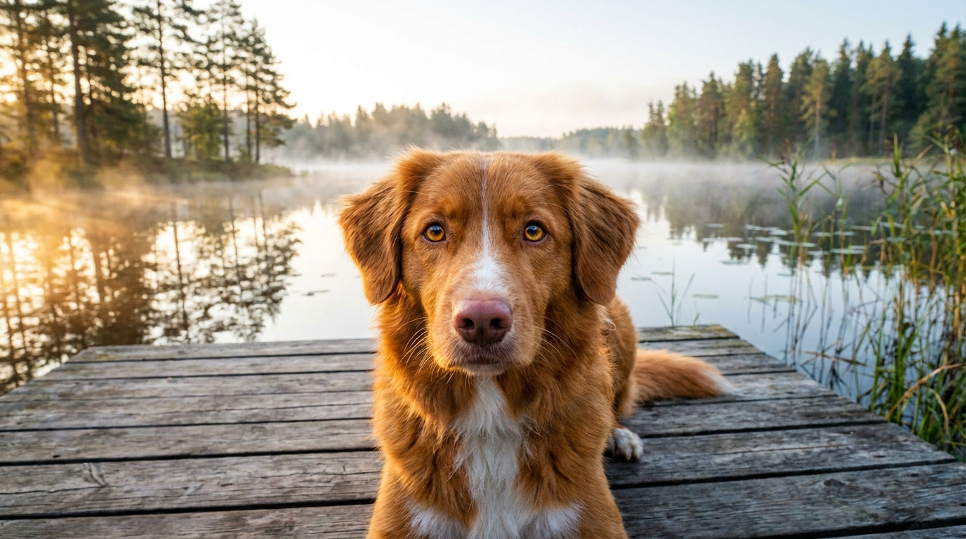 Nova Scotia Duck Tolling Retriever liegt entspannt auf Holzsteg am See und blickt aufmerksam in die Kamera – morgendliches Seeufer-Setting (KI-generiertes Bild) 