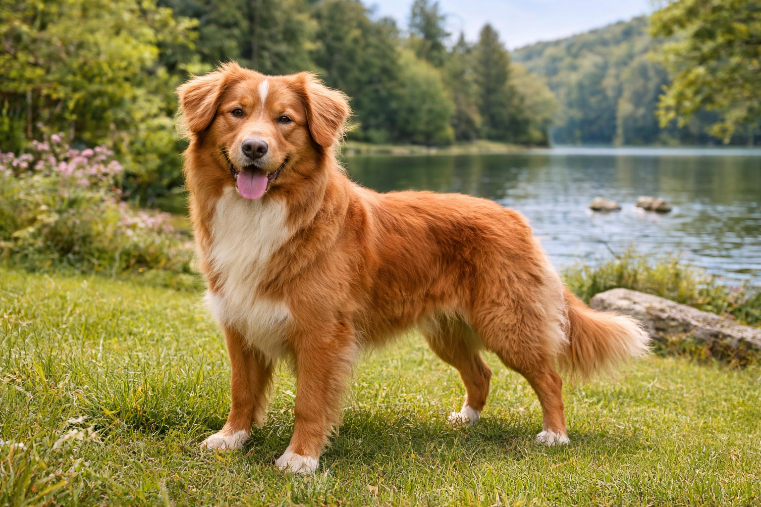  Fotorealistisches KI-Bild eines Nova Scotia Duck Tolling Retrievers auf einer sonnigen Wiese an einem See, freundlich in die Kamera blickend. 