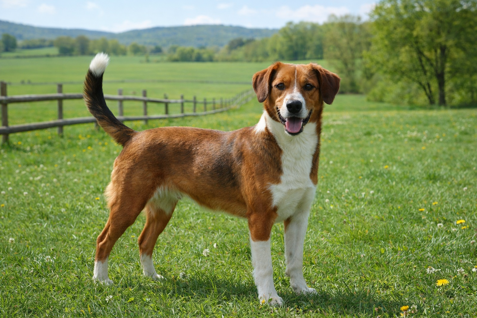  Österreichischer Pinscher in einem sonnigen, ländlichen Feld – KI-generiertes Bild. 