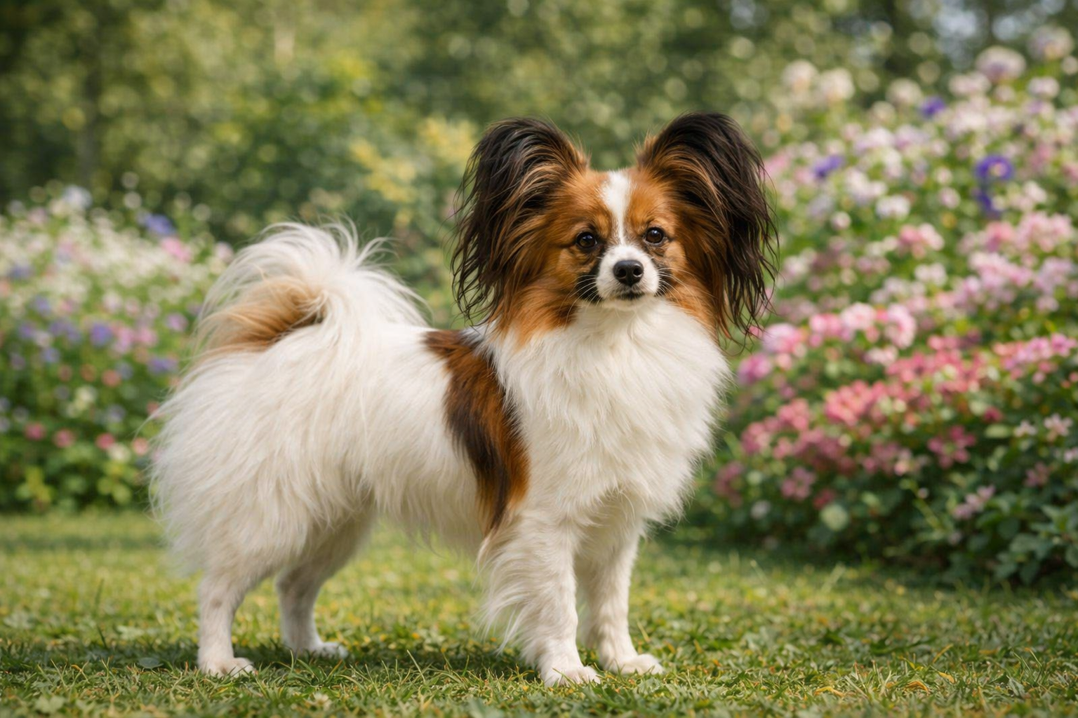 Fotorealistisches KI-Bild eines Papillons in einem sonnigen Garten mit bunten Blumen, der aufrecht steht und direkt in die Kamera blickt. 