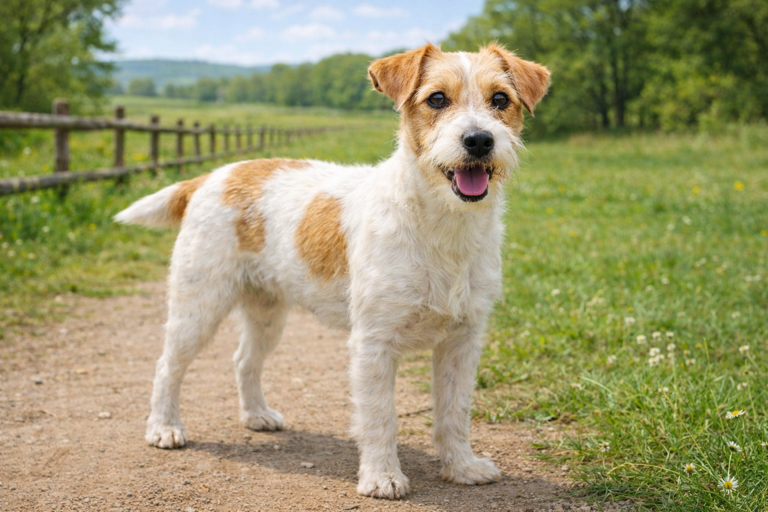 Parson Russell Terrier auf einem sonnigen Feldweg in ländlicher Umgebung – KI-generiertes Bild. 
