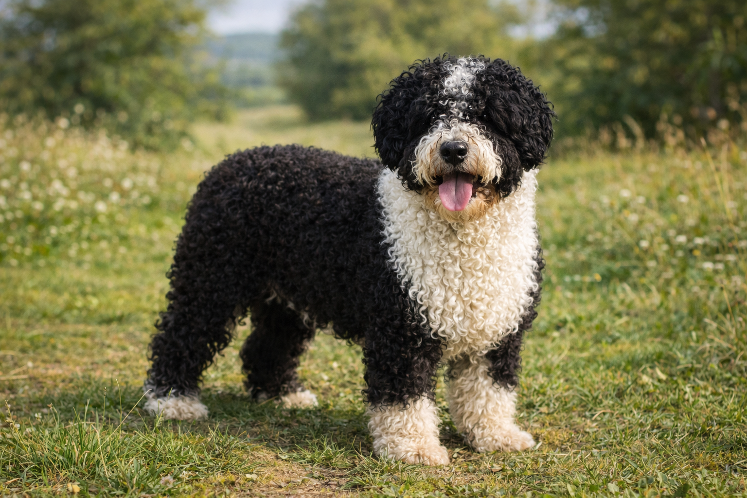 Fotorealistisches KI-Bild eines Perro de Agua Español auf einer sonnigen Wiese mit Wildblumen, der freundlich in die Kamera blickt. 