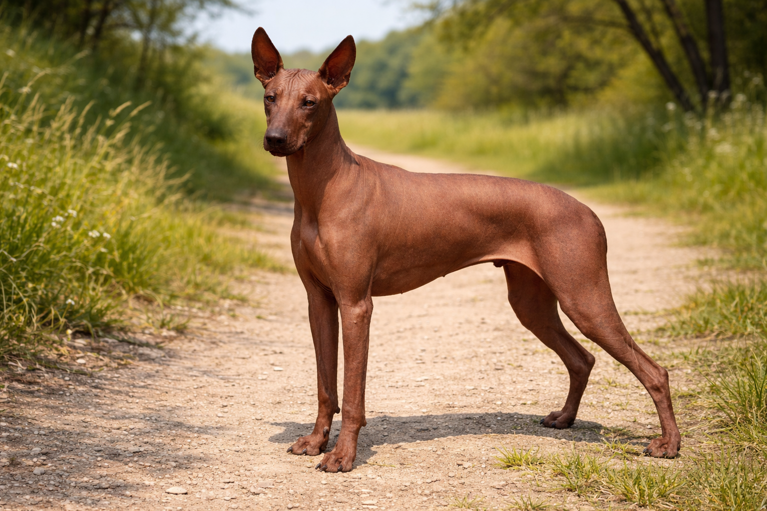 Peruanischer Nackthund auf einem sonnigen Waldweg – KI-generiertes Bild. 
