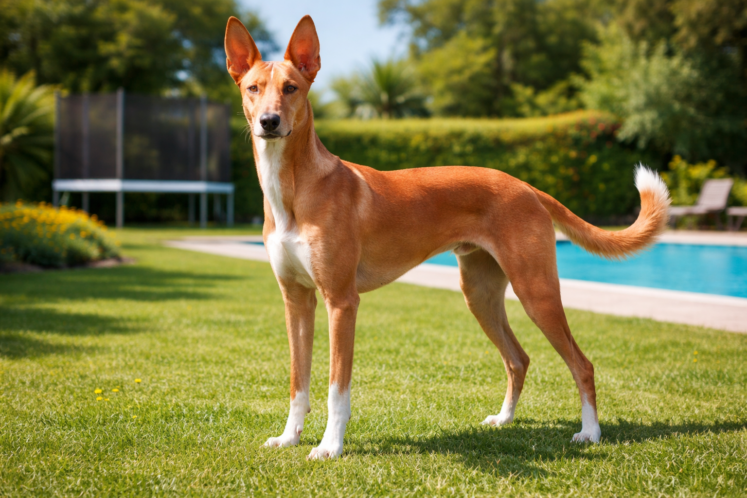 Fotorealistisches KI-Bild eines Podenco Canario ohne Halsband, der in einem sonnigen Garten steht und direkt in die Kamera schaut. Im Hintergrund sind ein Pool und ein Trampolin zu sehen. 