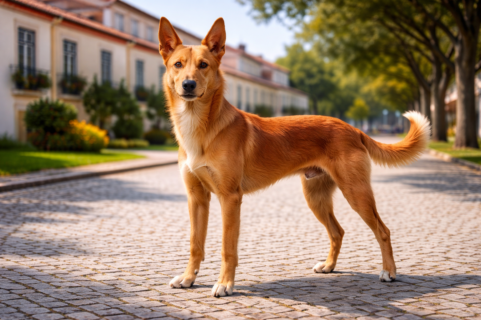 Fotorealistisches KI-Bild eines Podengo Portugueso Medio ohne Halsband, der in einer sonnigen portugiesischen Straße steht und direkt in die Kamera blickt. Im Hintergrund sind Häuser und ein grüner Park zu sehen. 