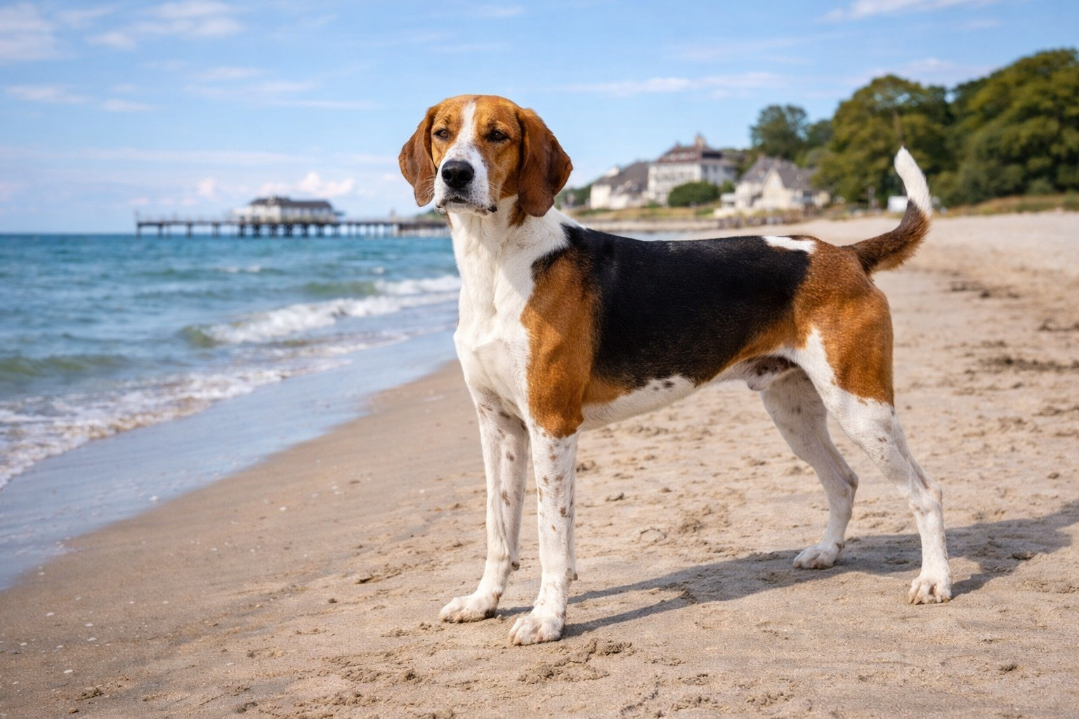  Fotorealistisches KI-Bild eines Poitevins ohne Halsband, der bei Sonnenschein am Strand der Ostsee steht und in die Kamera blickt. Im Hintergrund sieht man einen Steg, Häuser und das ruhige Meer. 