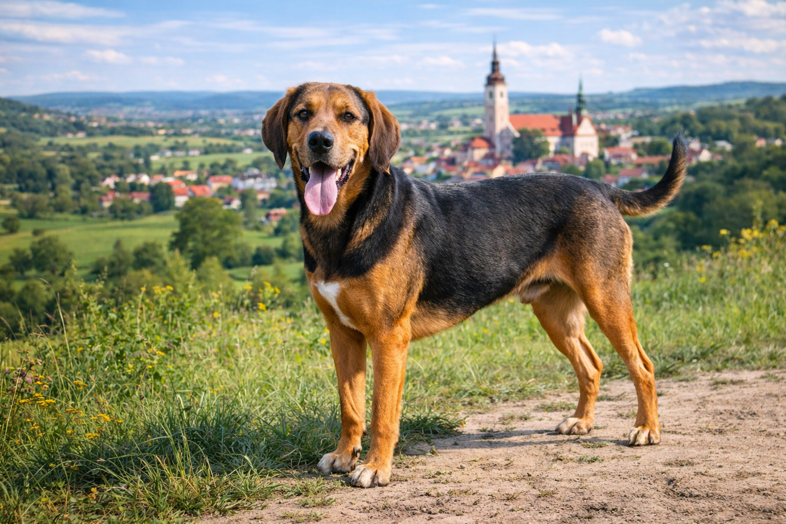 Fotorealistisches KI-Bild einer Polnischen Bracke ohne Halsband, die bei Sonnenschein in einer grünen Landschaft steht und direkt in die Kamera blickt. Im Hintergrund ist eine kleine polnische Stadt mit Kirchen und roten Dächern zu sehen. 