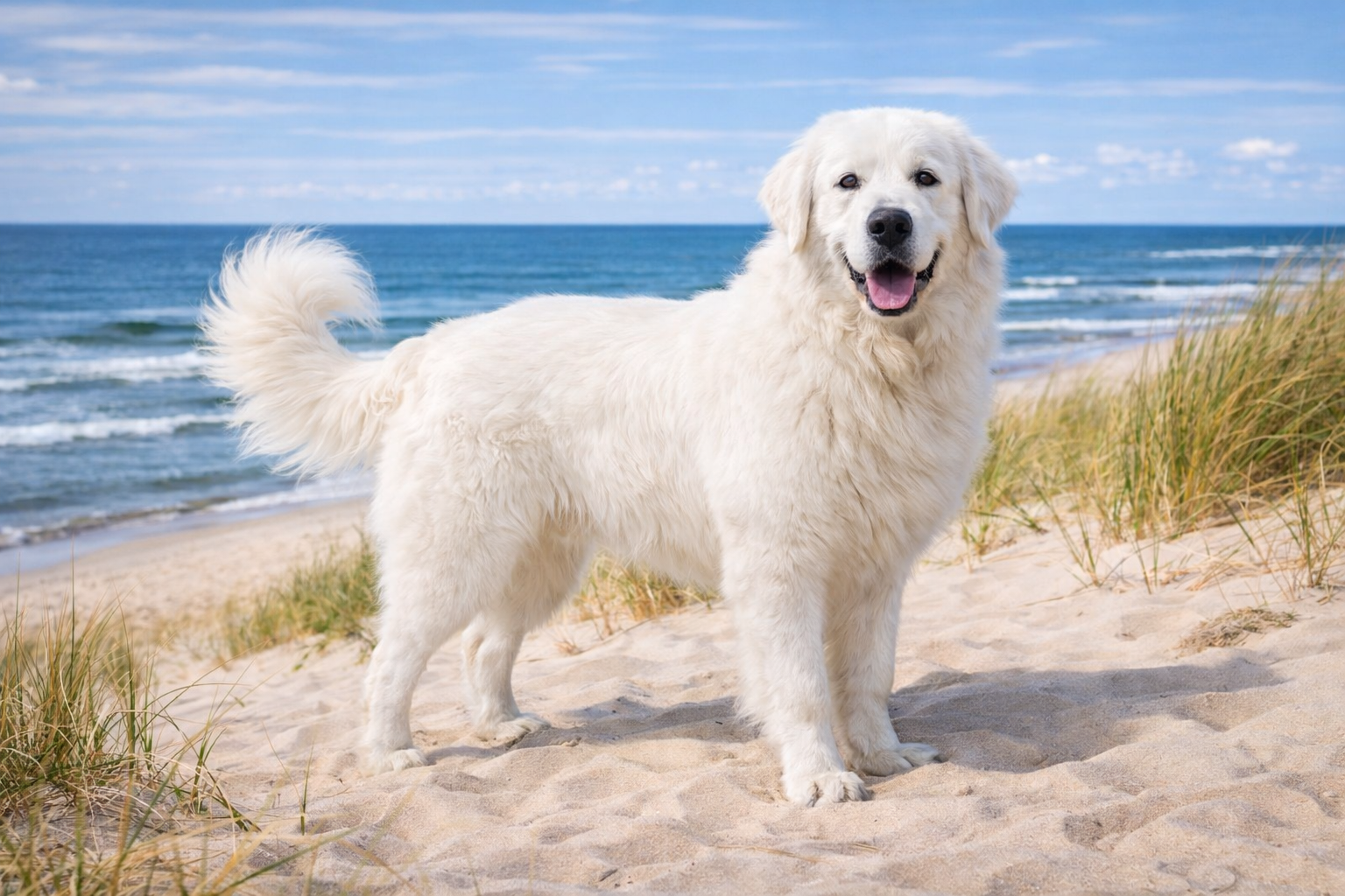 Fotorealistisches KI-Bild eines Polski Owczarek Podhalanski ohne Halsband, der auf einer sonnigen Düne an einem Ostseestrand steht und direkt in die Kamera schaut. Im Hintergrund sind Sand, Strandgras und das Meer zu sehen. 
