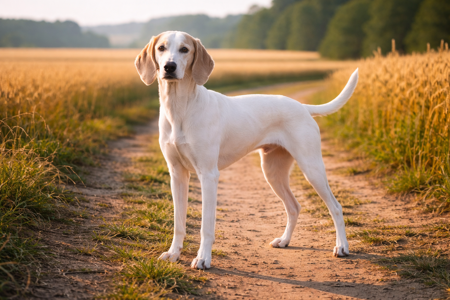 Fotorealistisches KI-Bild eines Porcelaine ohne Halsband, der bei einem sonnigen Morgenspaziergang auf einem Feldweg steht und in die Kamera blickt. Im Hintergrund sind goldene Weizenfelder und weitere Felder zu sehen. 