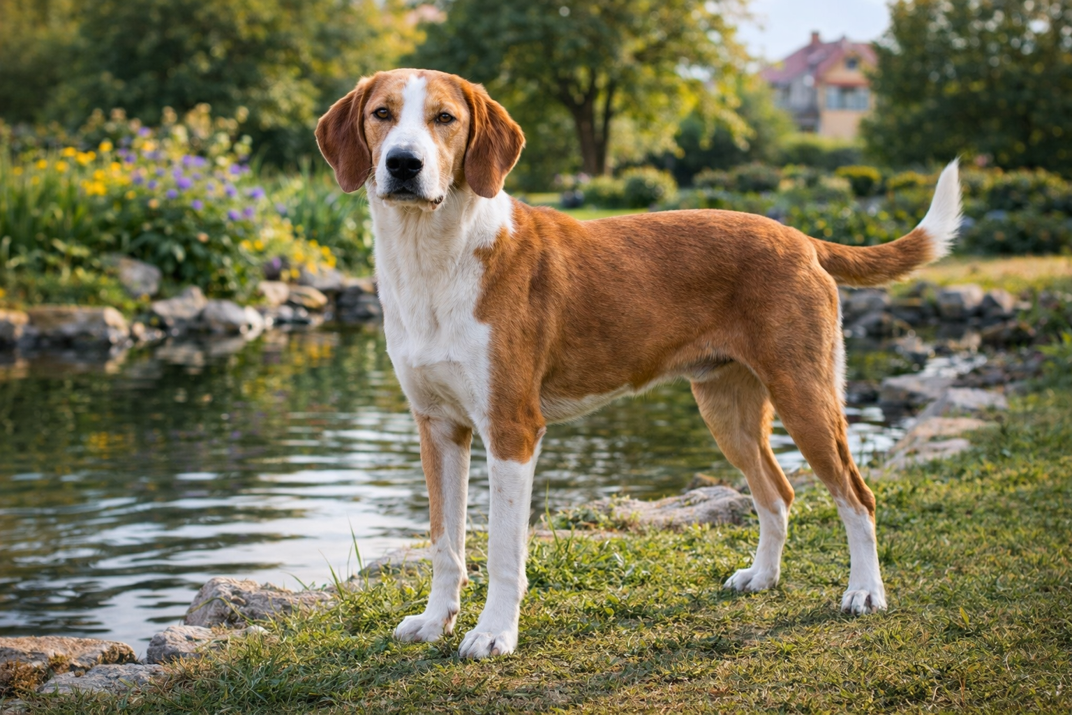 Fotorealistisches KI-Bild eines Posavski Gonic ohne Halsband, der an einem sonnigen Gartenteich steht und in die Kamera blickt. Im Hintergrund blühen Blumen, Bäume spenden Schatten, und ein Nachbarhaus ist zu sehen. 