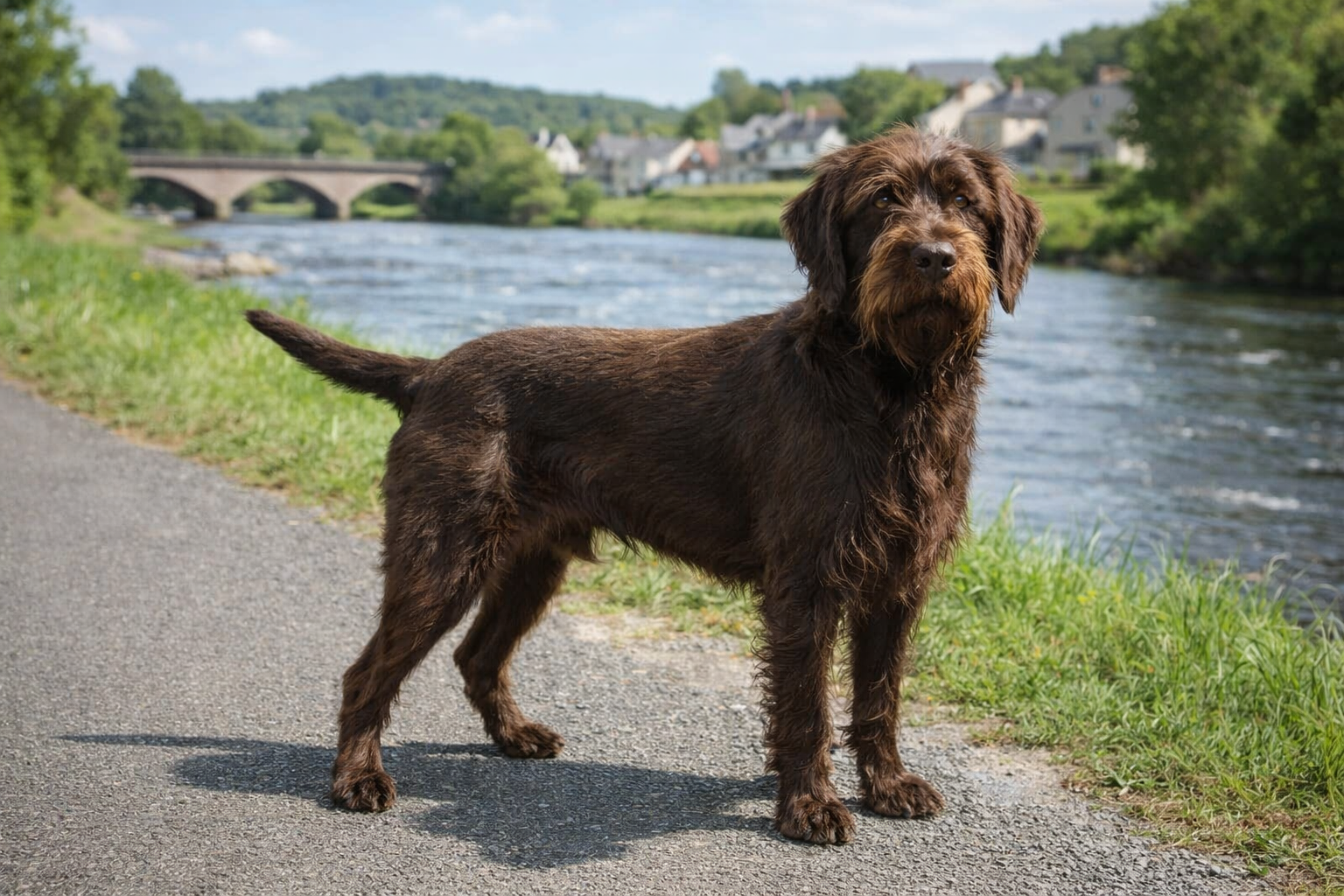 Ein Pudelpointer steht auf einer kleinen Straße neben einem Fluss, im Hintergrund eine Brücke und Häuser. KI-generiertes Bild. 