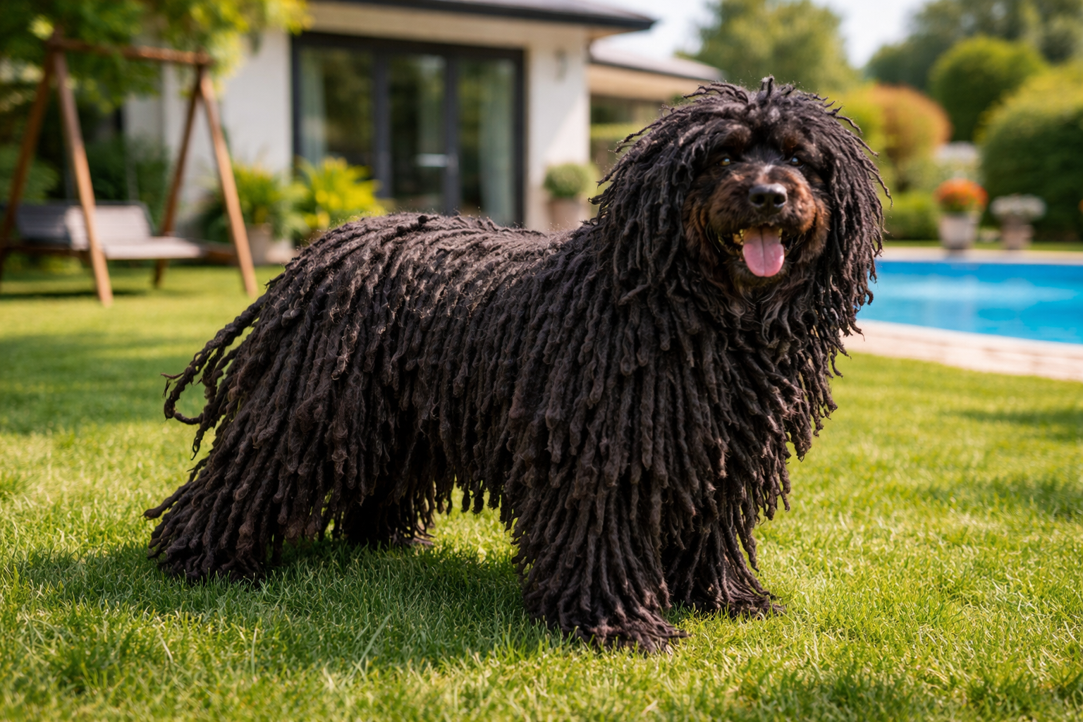 Ein Puli steht in einem sonnigen Garten vor einem modernen Haus mit Pool und Schaukel. KI-generiertes Bild.