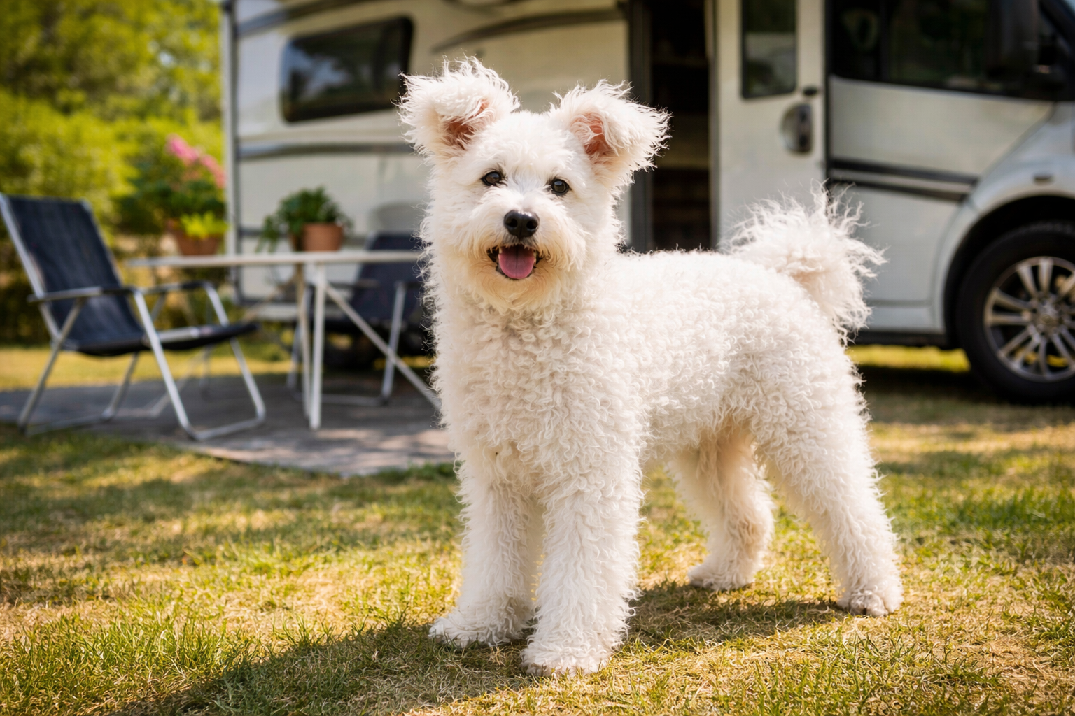 in Pumi steht auf einem Campingplatz vor einem Wohnmobil mit Tisch und Stühlen. KI-generiertes Bild. 