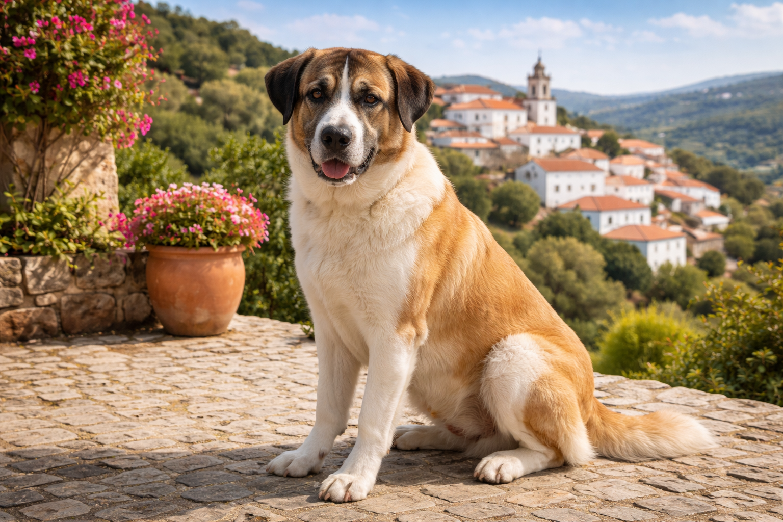 Fotorealistisches KI-Bild eines Rafeiro do Alentejo, der aufrecht auf einem Pflasterweg vor einem sonnigen portugiesischen Dorf mit roten Ziegeldächern sitzt und in die Kamera schaut. 