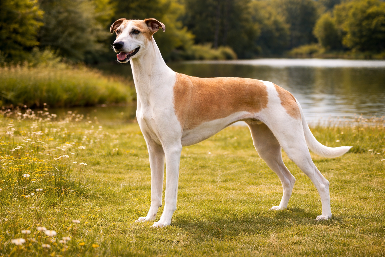 Fotorealistisches KI-Bild eines Rampur-Windhunds mit weiß-braunem Fell, der auf einer sonnigen Wiese mit kleinen Blumen vor einem ruhigen See steht und in die Kamera schaut. 