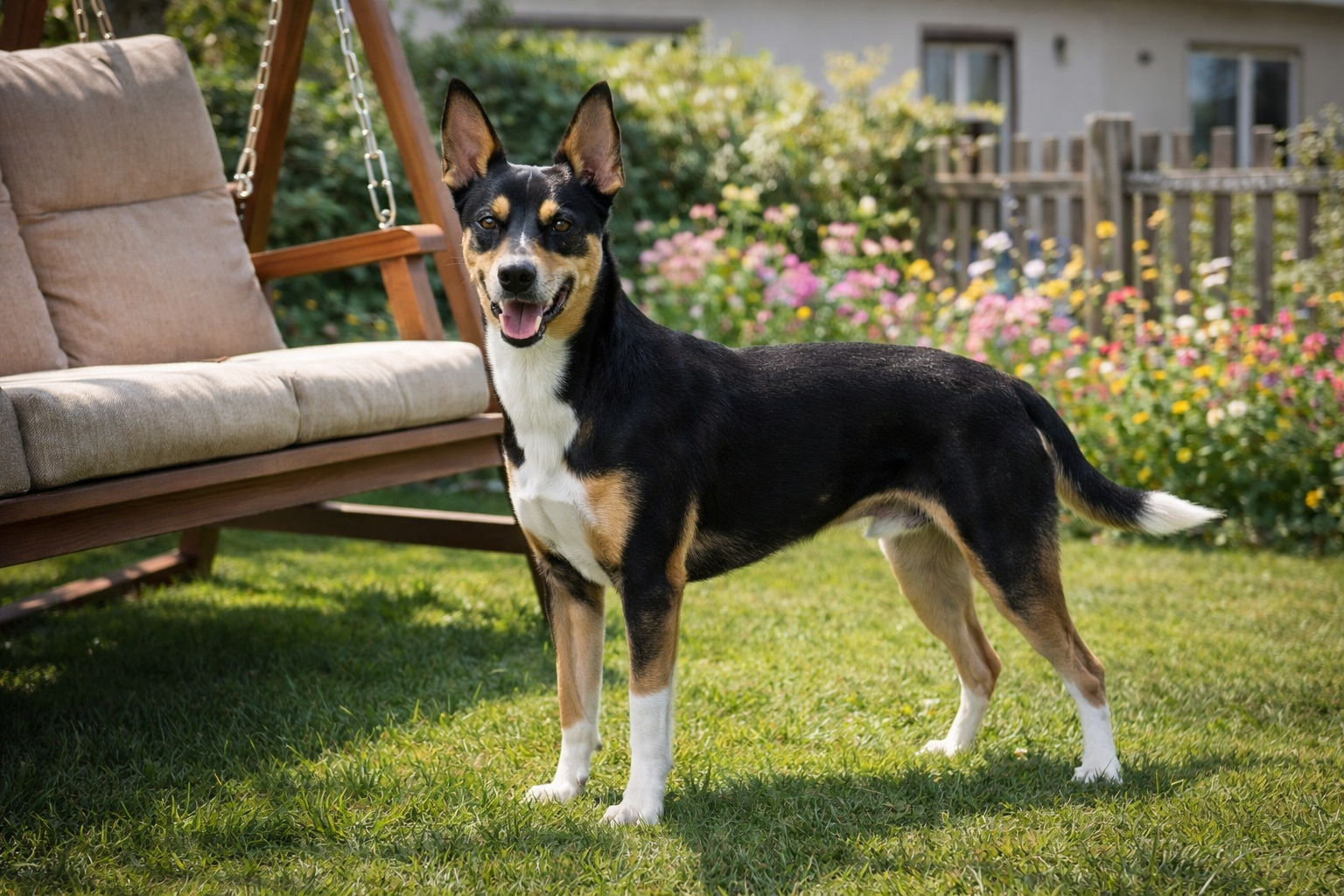 Fotorealistisches KI-Bild eines Ratero, der im Garten neben einer Hollywood-Schaukel steht und in die Kamera blickt. Im Hintergrund blühen bunte Blumen vor einem Holzzaun und einem Haus.