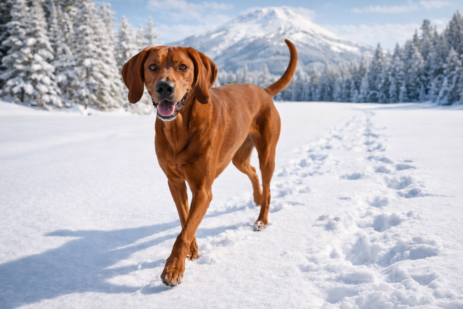 Fotorealistisches KI-Bild eines Redbone Coonhounds, der durch ein sonniges Schneefeld mit Pfotenspuren läuft. Im Hintergrund sieht man verschneite Bäume und einen Berg. Der Hund schaut in die Kamera. 