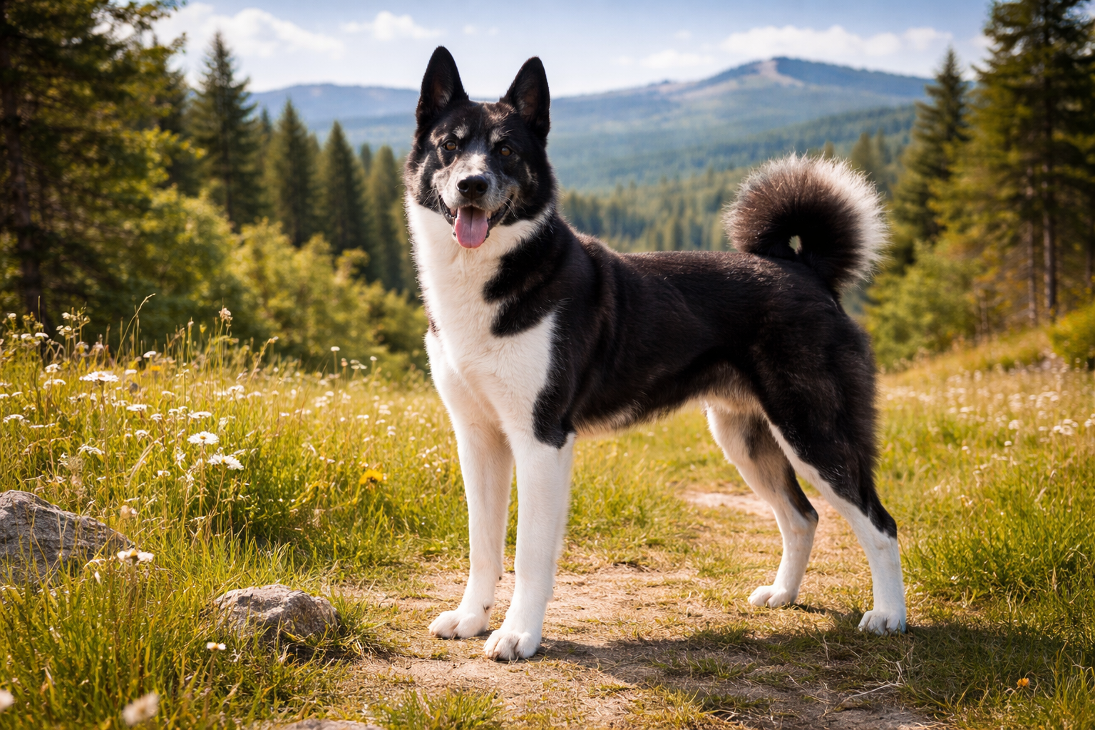 Fotorealistisches KI-Bild eines Russisch-Europäischen Laika, der in einer sonnigen russischen Landschaft mit Hügeln und Wäldern steht und in die Kamera blickt. 