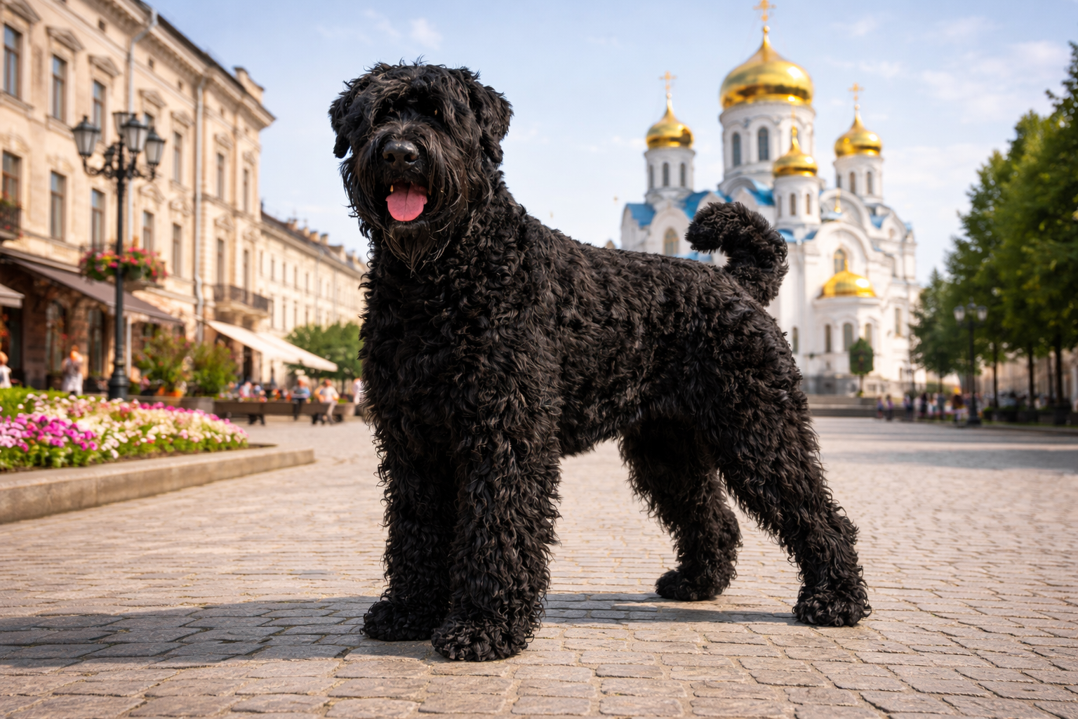 Fotorealistisches KI-Bild eines Russischen Schwarzen Terriers, der auf einem sonnigen Stadtplatz vor einer russisch-orthodoxen Kirche mit goldenen Kuppeln steht und in die Kamera bl