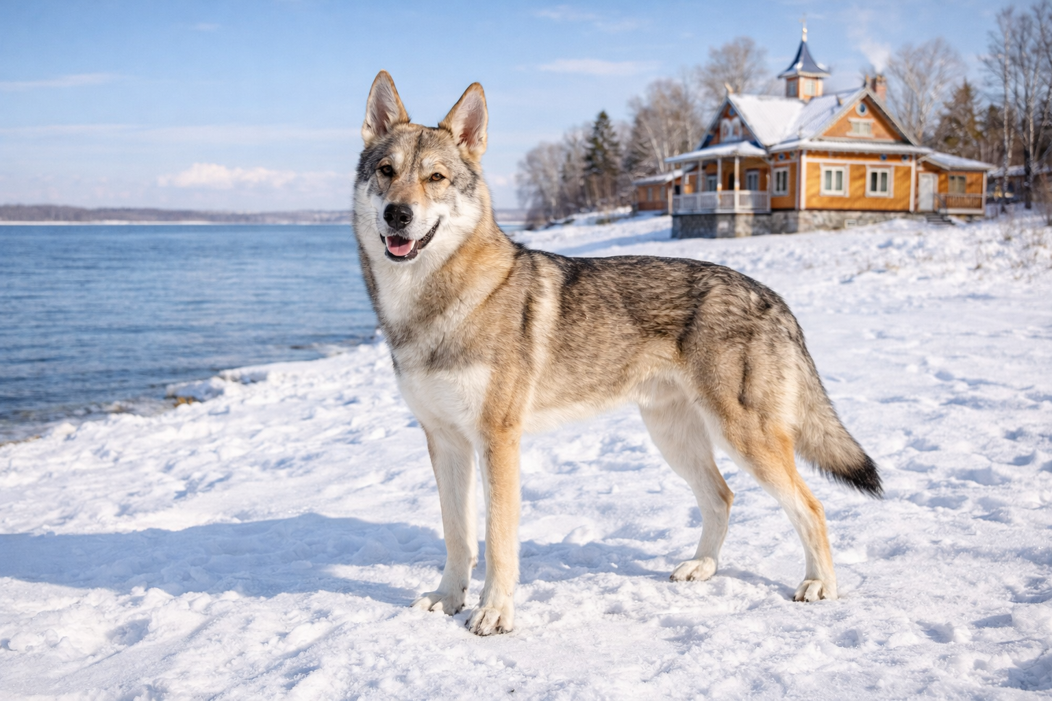 Fotorealistisches KI-Bild eines Saarlooswolfhundes, der auf einer schneebedeckten Fläche an der Wolga steht und in die Kamera schaut. Im Hintergrund ist eine sonnige russische Winterlandschaft mit traditioneller Datscha zu sehen. 