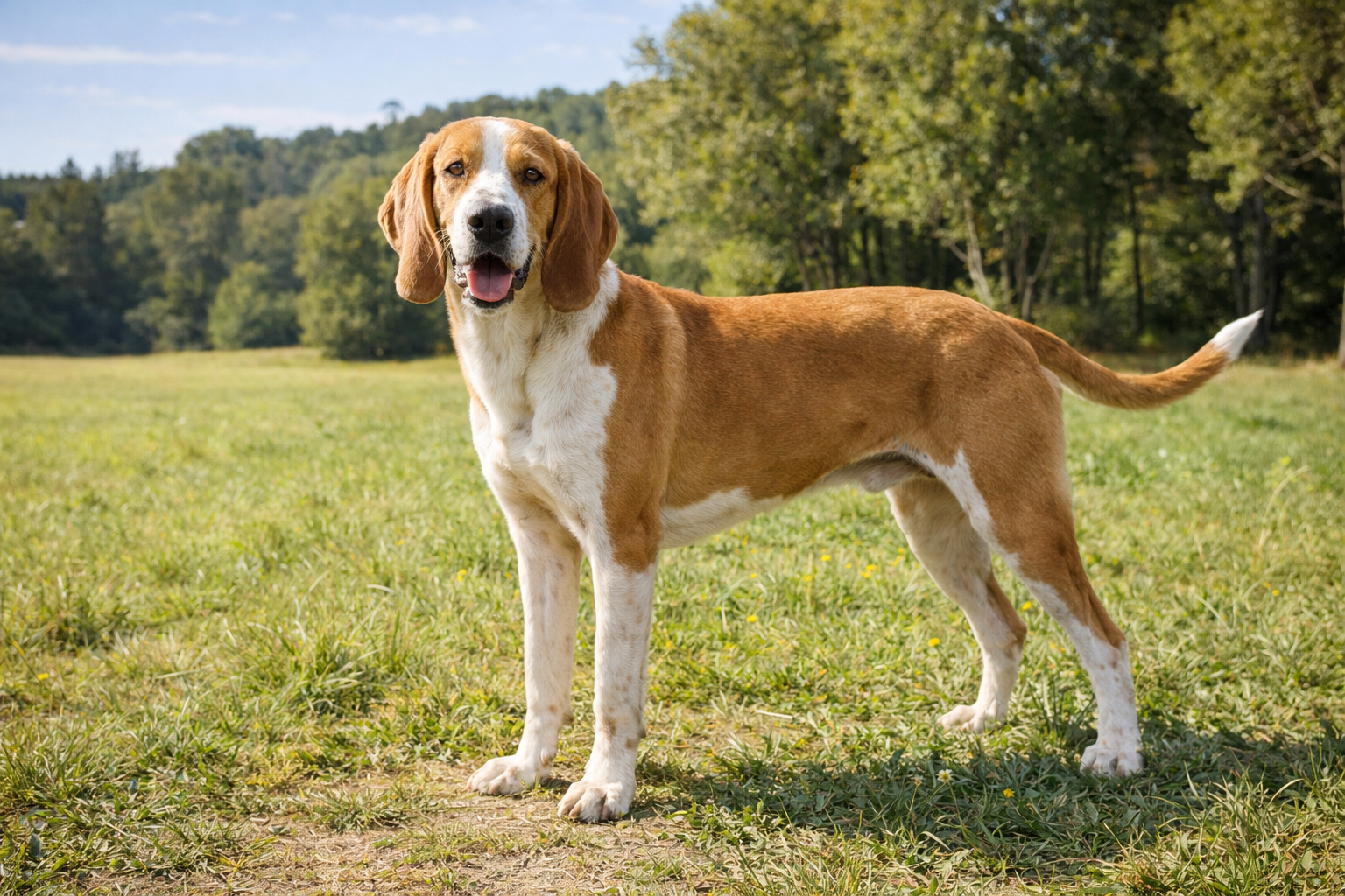 Fotorealistisches KI-Bild eines Sabueso Español, der auf einer sonnigen Wiese in Spanien steht und in die Kamera schaut. Im Hintergrund ist ein kleines Waldstück zu sehen. 