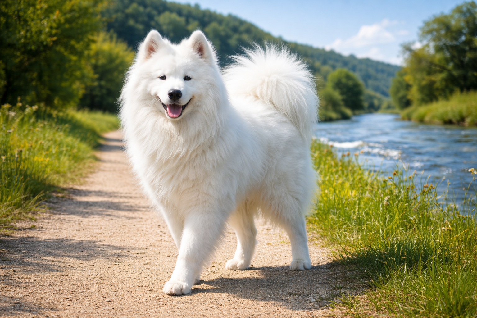 Fotorealistisches KI-Bild eines Samojede-Hundes, der auf einem sonnigen Weg neben einem mittelgroßen Fluss und einer grünen Wiese steht und in die Kamera schaut. 