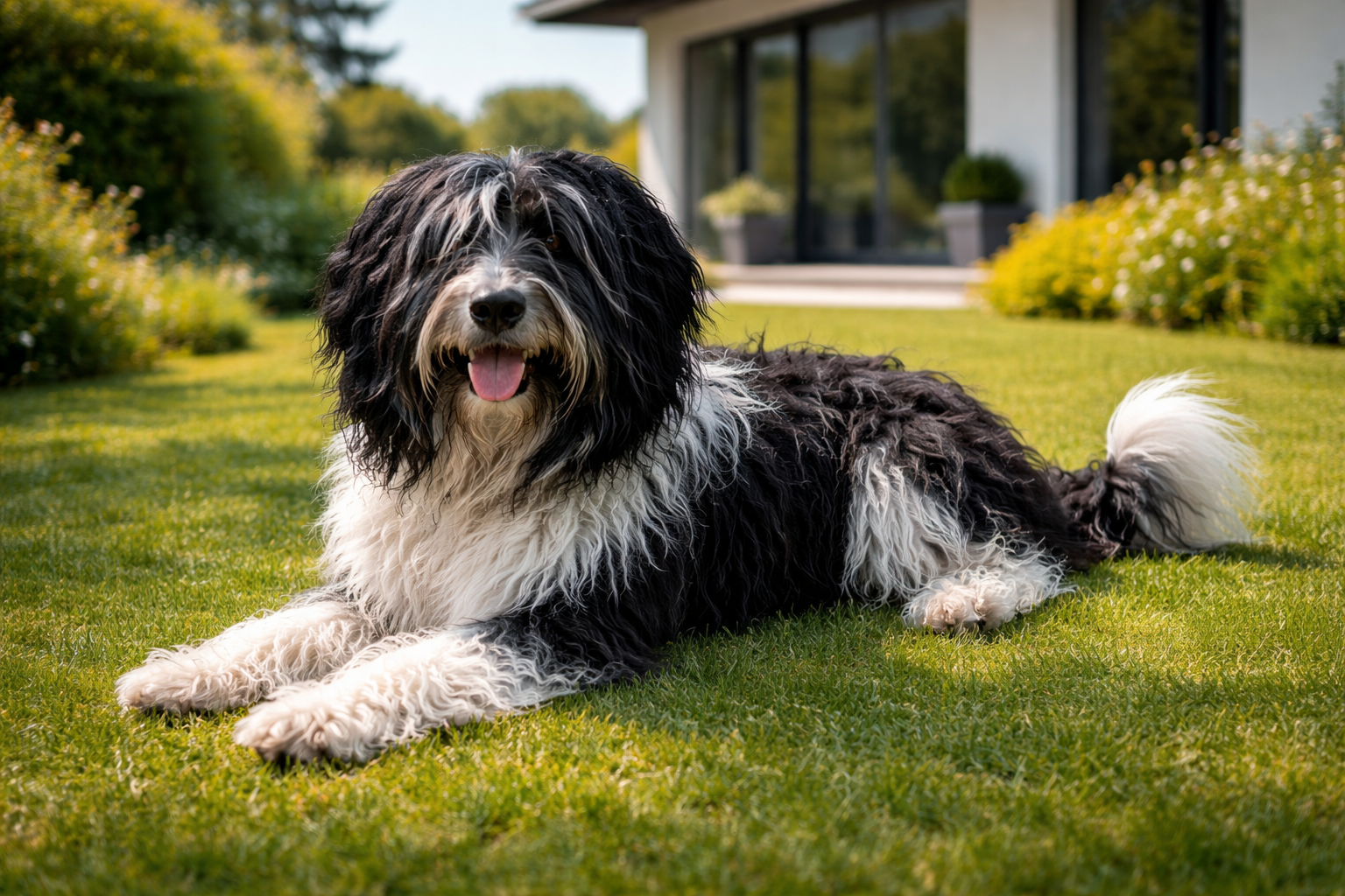 Fotorealistisches KI-Bild eines Schapendoes-Hundes, der in einem sonnigen Garten vor einem modernen Haus auf einer grünen Wiese liegt und in die Kamera schaut. 