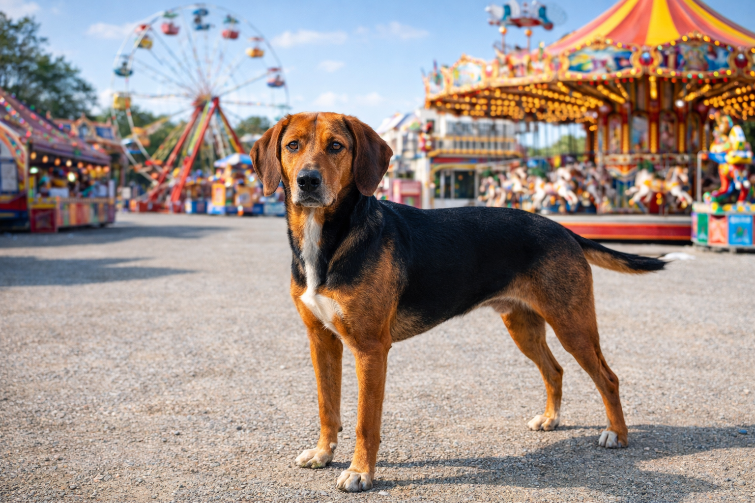 Fotorealistisches KI-Bild eines Schillerstövare-Hundes, der auf einem sonnigen Jahrmarkt ohne Menschen steht und direkt in die Kamera schaut. 